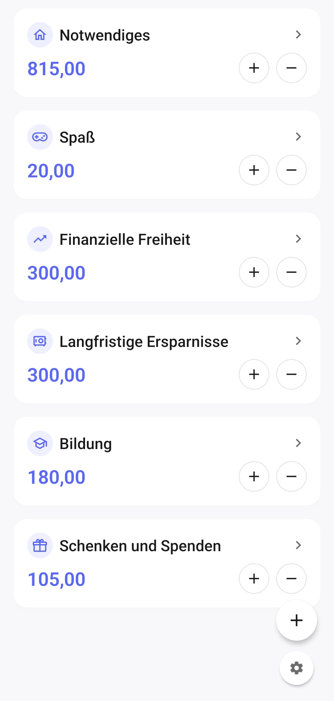 Startbildschirm der App mit einem Gesamtkontostand von 1 720, wobei im Topf „Freizeit“ nur noch 20 verbleiben
