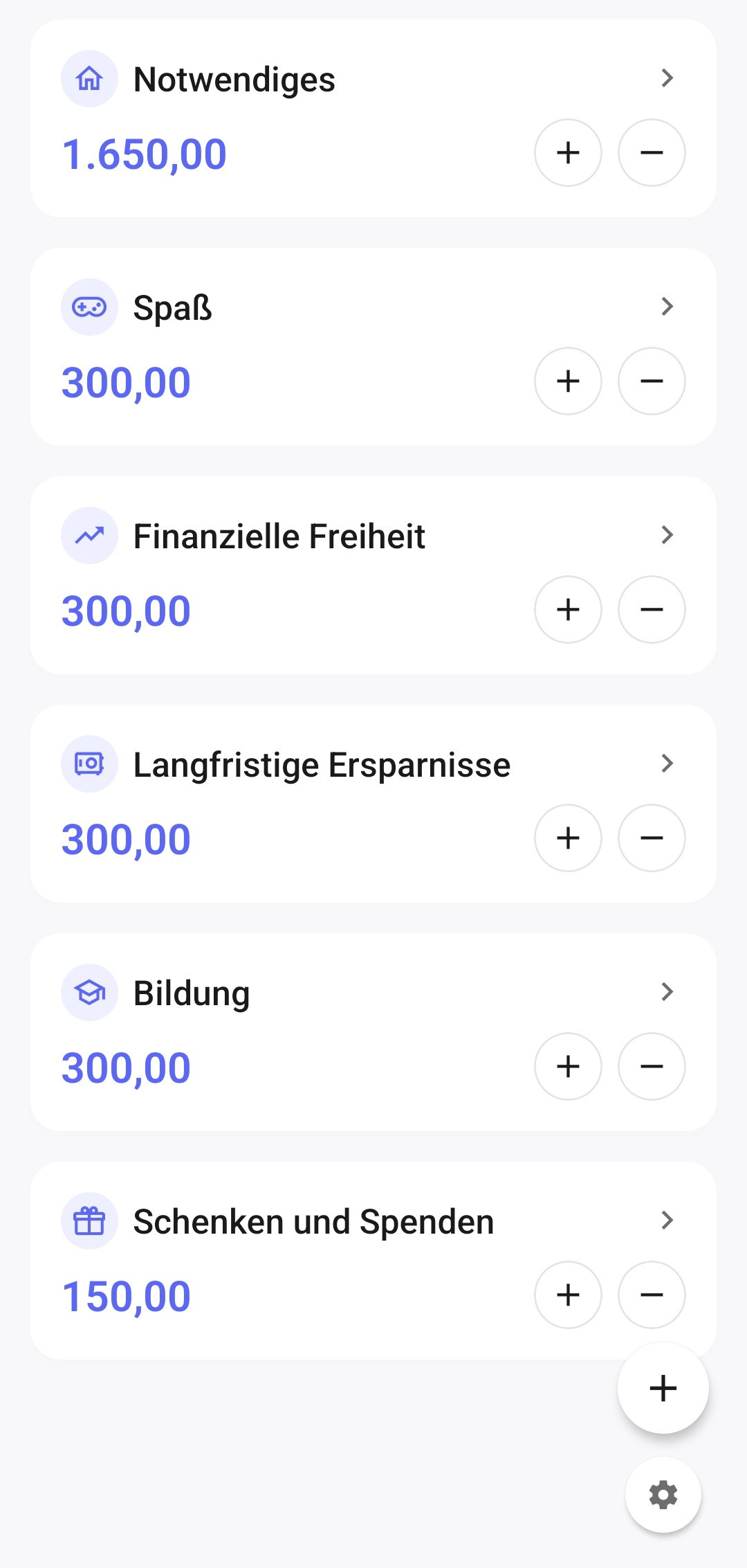 Startbildschirm von 6 Jars Finance mit sechs Töpfen und ihren Guthaben