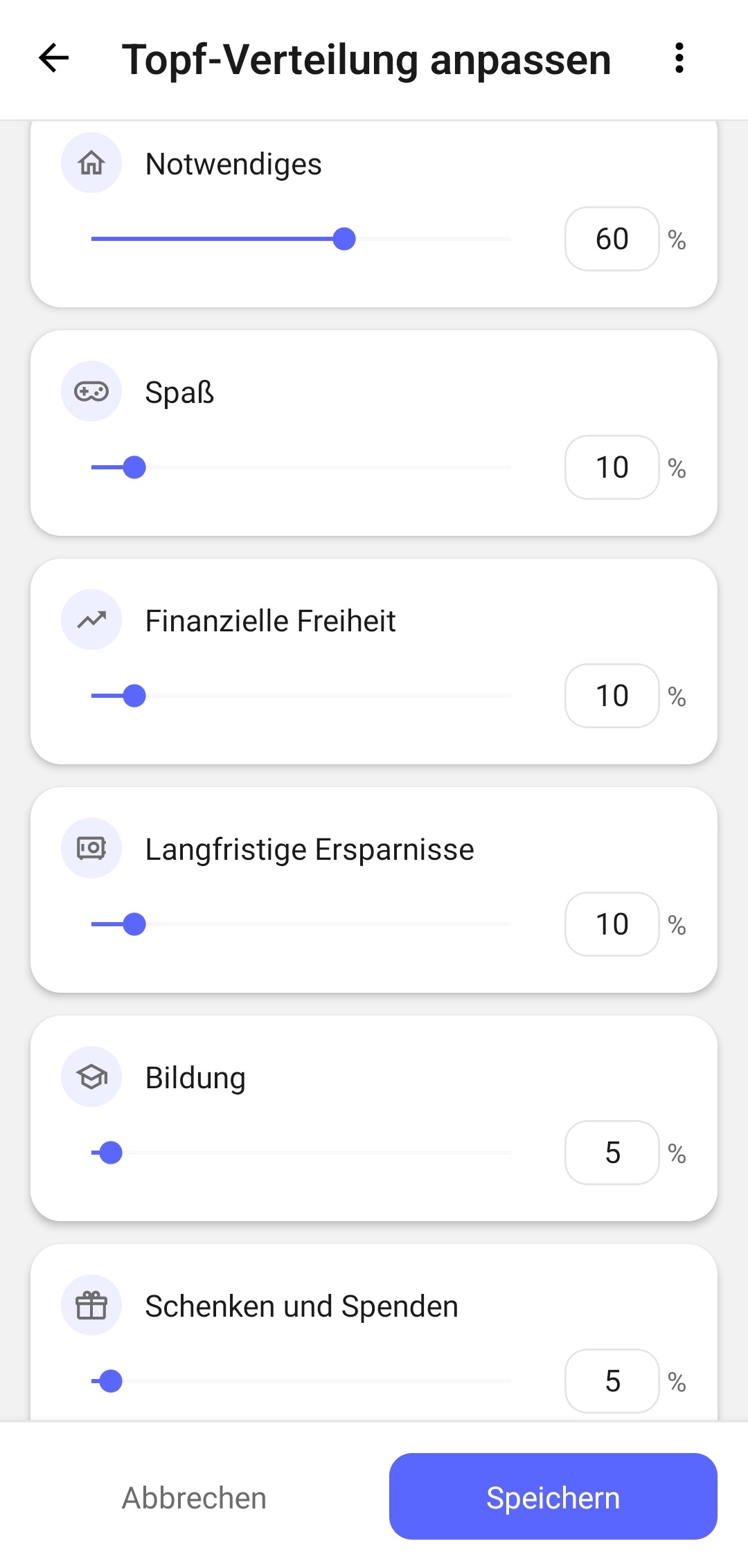 Bildschirm zum Einstellen der prozentualen Einkommensverteilung auf die Töpfe