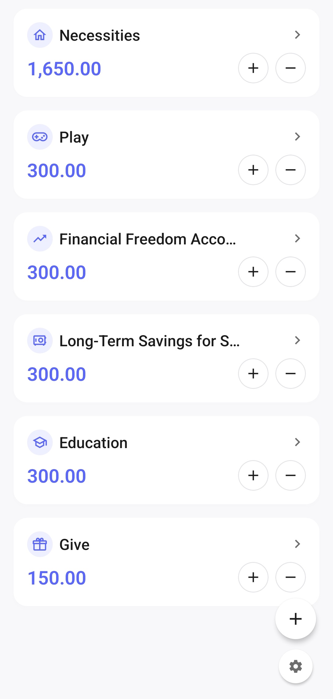 6 Jars Finance home screen showing six jars and their balances
