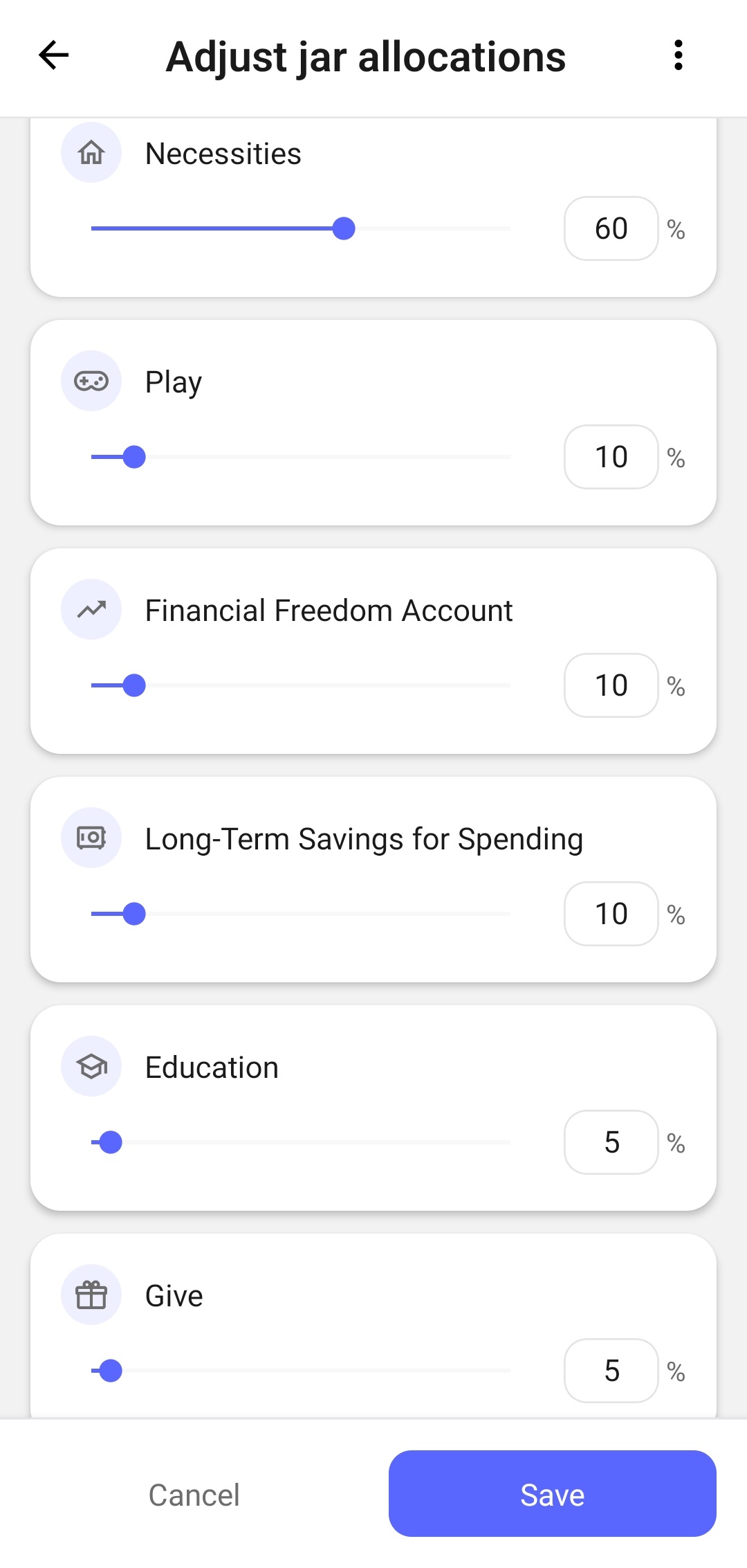 The screen for adjusting the percentage of income assigned to each jar