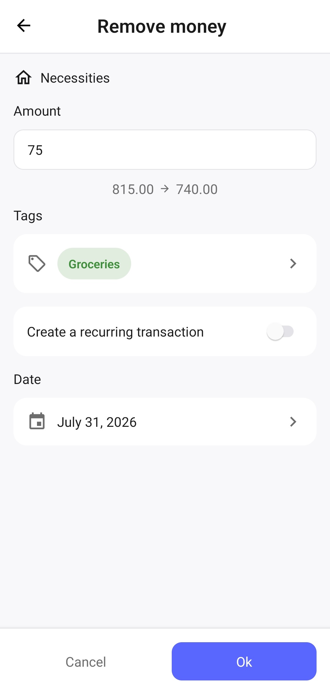 The screen for adding an expense of 75 from the Necessities jar with the Groceries tag