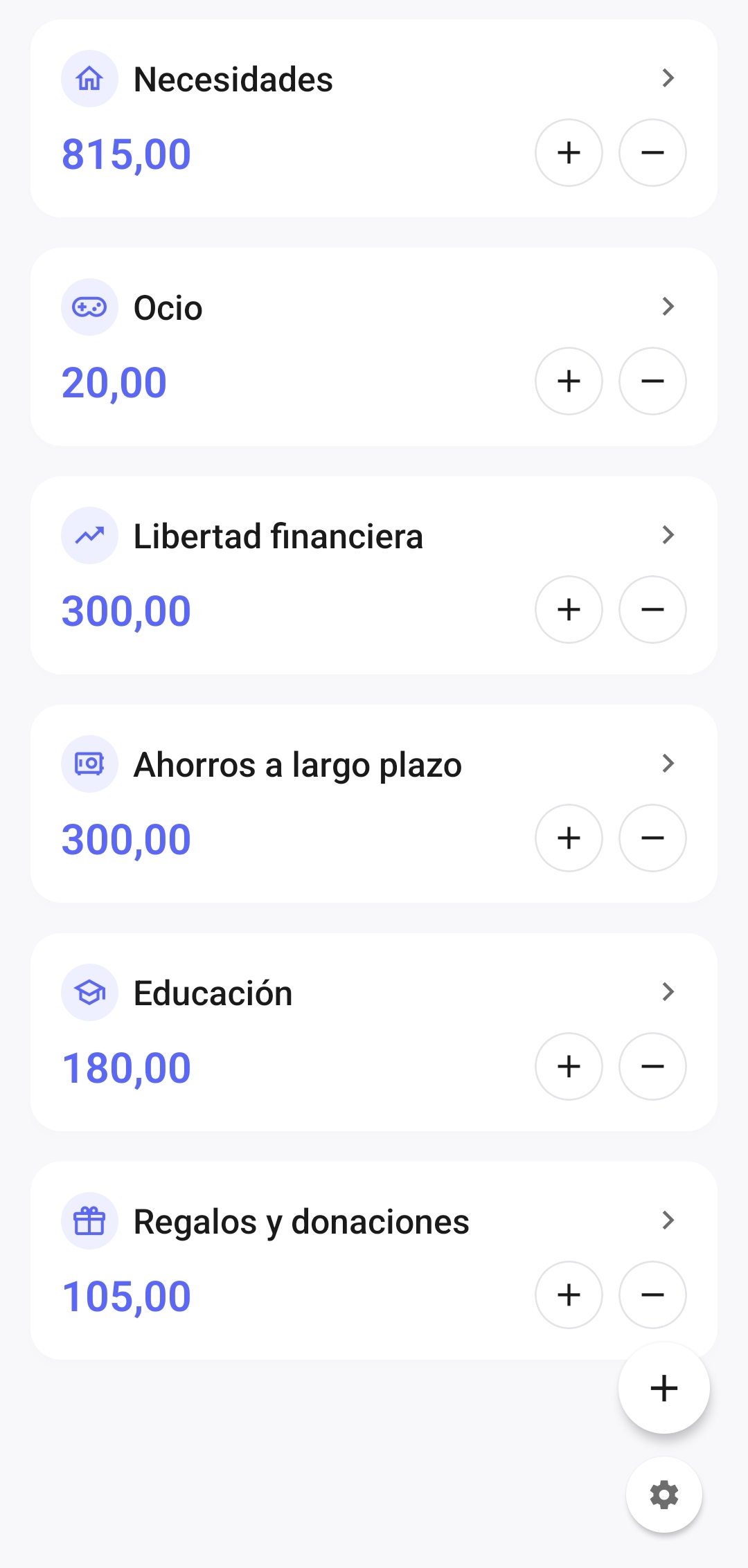 Pantalla principal de la aplicación que muestra un saldo total de 1 720, con solo 20 restantes en el fondo «Ocio»