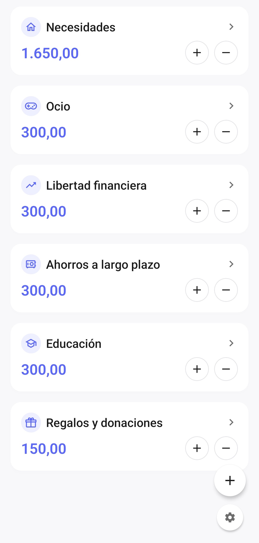 Pantalla principal de 6 Jars Finance con seis fondos y sus saldos