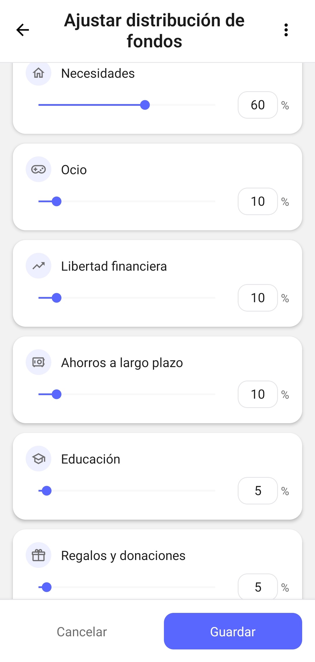 Pantalla para configurar los porcentajes de distribución de los ingresos entre los fondos